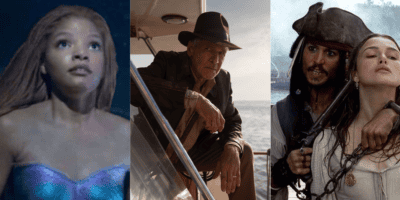 A collage of three movie scenes: the first showing a woman underwater with long red hair, wearing a mermaid outfit; the second showing an older man in a brown hat leaning on a boat railing; the third showing a pirate holding a woman with an ocean background. Perfect for Memorial Day Weekend or any Disney fan!