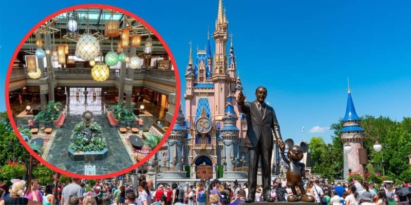 Collage of Disney theme park; left circle shows a luxurious hotel lobby, right larger image displays crowded park with Cinderella Castle and a statue of Walt Disney and Mickey Mouse equipped for flood safety.
