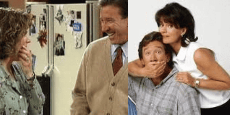 Two images side by side: The left shows a woman covering her mouth in shock while a man in a sweater, reminiscent of Tim Allen from Home Improvement, laughs in front of a refrigerator. The right shows a woman playfully covering another man's mouth as she leans on his shoulder. Both men wear plaid shirts.