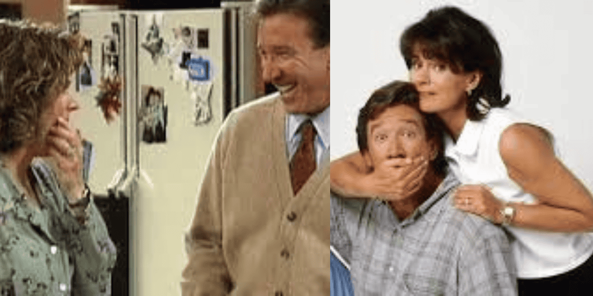 Two images side by side: The left shows a woman covering her mouth in shock while a man in a sweater, reminiscent of Tim Allen from Home Improvement, laughs in front of a refrigerator. The right shows a woman playfully covering another man's mouth as she leans on his shoulder. Both men wear plaid shirts.