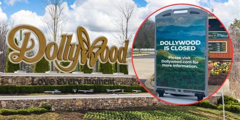 The image shows two signs related to dollywood. on the left is an ornamental golden "dollywood" sign and on the right, a digital roadside sign announcing that dollywood is closed, asking visitors to check their website for more information.