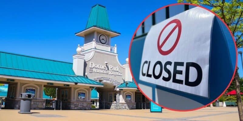 An image showing the entrance of Dorney Park, an American theme park, with a clock tower under clear skies. An inset highlights a sign indicating the park is closed, displaying a red prohibition symbol over the word "CLOSED".