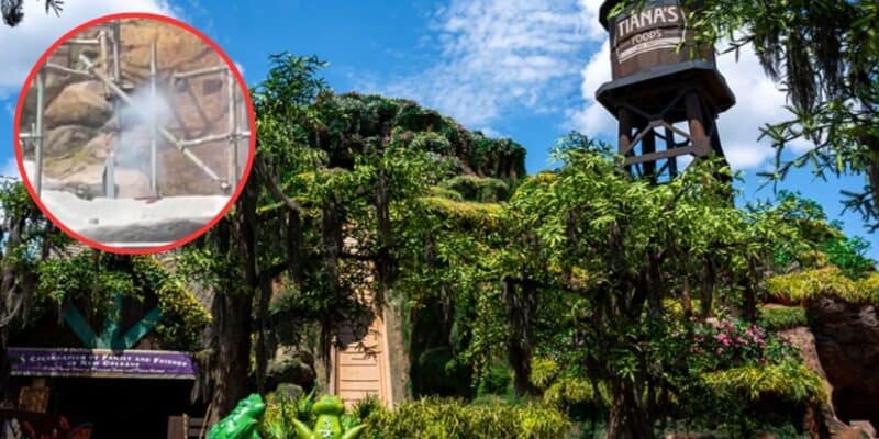 An amusement park scene featuring a lush, green forest-themed building with a sign reading "Tiana's Foods," alongside a watermill and vibrant flowers, celebrates the opening of Disney’s newest attraction. An inset shows a close-up of a water splashing effect.
