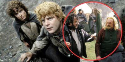 A collage of two images from the "Lord of the Rings" film set: on the left, Frodo and Samwise in a rocky landscape; on the right, award-winning director Peter Jackson discussing