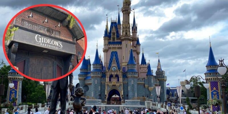 A bustling scene at Disney World features Cinderella Castle as the backdrop under a cloudy sky. The castle is adorned with blue and gold accents. An inset in the image highlights the entrance of Gideon's Bakehouse with its sign prominently displayed, amidst whispers of employee accusations.