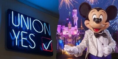 Split image: on the left, a neon sign "union yes" with a checkmark; on the right, Mickey Mouse in a tuxedo in front of Disney's Cinderella Castle at night