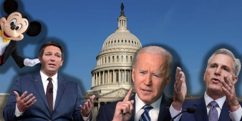 Collage with the U.S. Capitol in the center flanked by illustrations of Mickey Mouse and photos of three politicians, including DeSantis, gesturing as if in discussion.