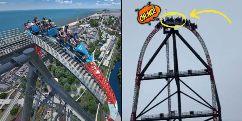 A split image showing two perspectives of a roller coaster ride. On the left, passengers ascend a steep track overlooking a park and water body, on the right, a close view of the coaster's peak with the text Top Thrill 2.