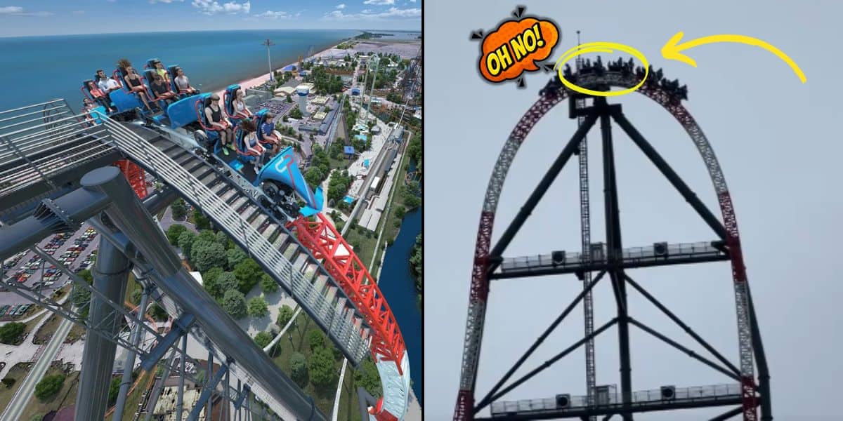 A split image showing two perspectives of a roller coaster ride. On the left, passengers ascend a steep track overlooking a park and water body, on the right, a close view of the coaster's peak with the text Top Thrill 2.
