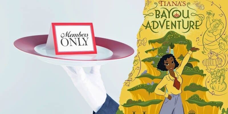 A waiter's gloved hand holds a tray with an "Exclusive Access" sign at Disney, and on the right side, an illustrated poster for "Tiana's Bayou Adventure" featuring Princess Tiana and a whimsical bayou scene.