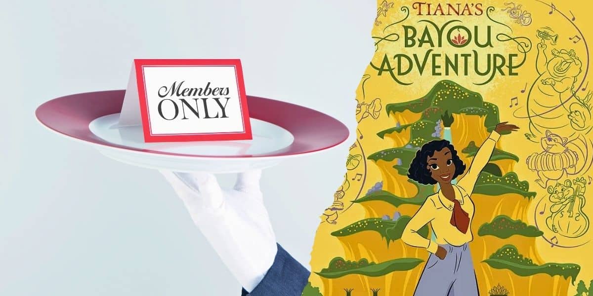 A waiter's gloved hand holds a tray with an "Exclusive Access" sign at Disney, and on the right side, an illustrated poster for "Tiana's Bayou Adventure" featuring Princess Tiana and a whimsical bayou scene.