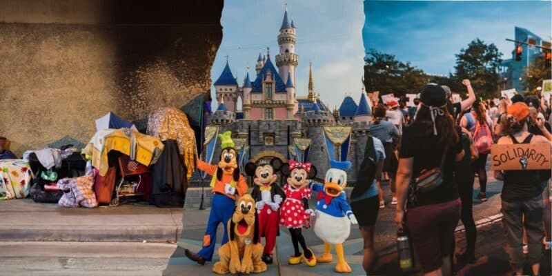 A collage with three sections: on the left, a homeless encampment; in the middle, Disneyland characters in front of a castle; on the right, a protest with people holding signs, including one that reads "Solidarity.