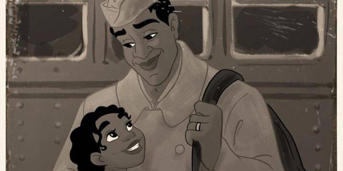 A black and white illustration depicts a soldier in a United States Military uniform smiling warmly at a young girl who looks up at him with admiration. The soldier carries a bag over his shoulder, and they stand in front of a vintage train, suggesting a heartfelt reunion or farewell.