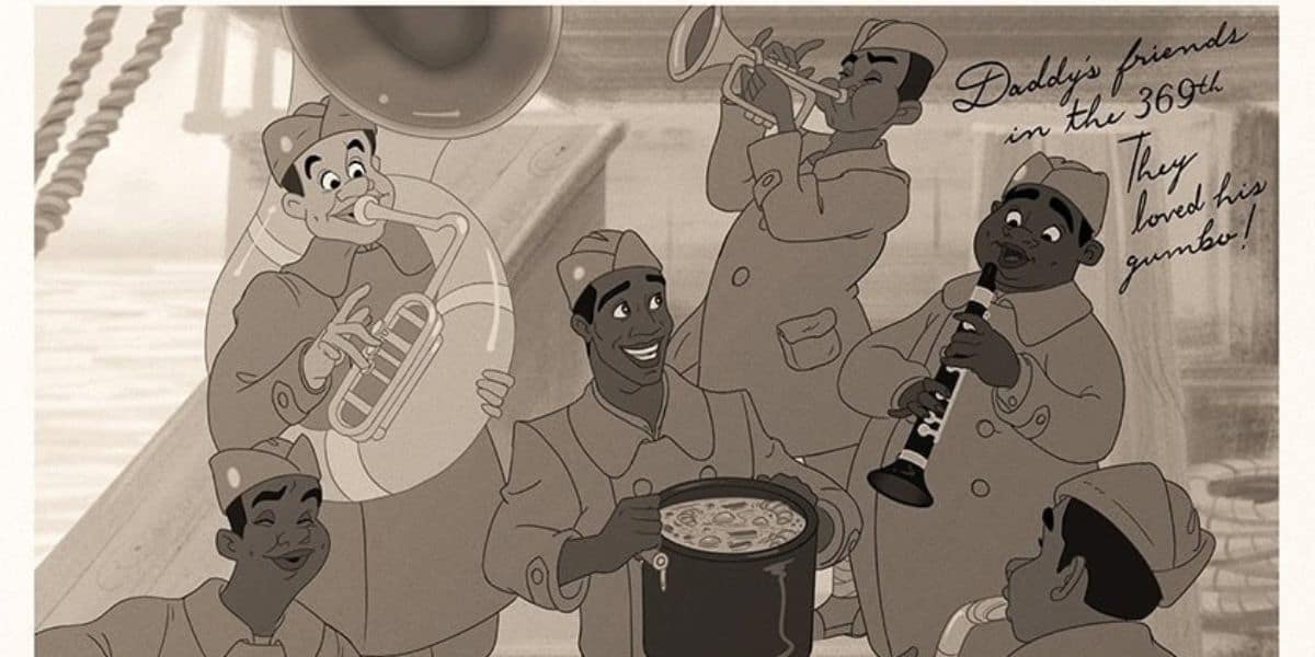 An animated sepia-toned image shows six jovial men in United States military uniforms playing musical instruments. They surround a smiling man holding a pot of gumbo. The text reads, "Daddy's friends in the 369th! They loved his gumbo!" It's like a scene straight out of Tiana's Bayou Adventure coming to Disney World.