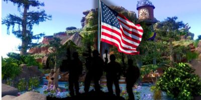 Silhouetted soldiers stand on a hill in front of an American flag. The background is an overgrown, abandoned jungle with a rundown treehouse and other structures, evoking a surreal and patriotic atmosphere reminiscent of a Disney adventure gone astray.
