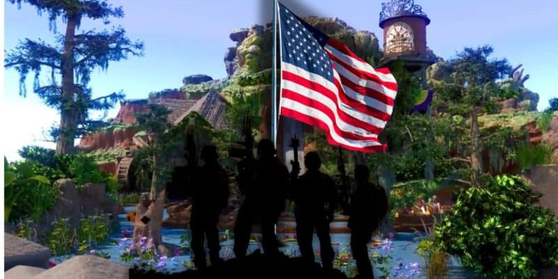 Silhouetted soldiers stand on a hill in front of an American flag. The background is an overgrown, abandoned jungle with a rundown treehouse and other structures, evoking a surreal and patriotic atmosphere reminiscent of a Disney adventure gone astray.