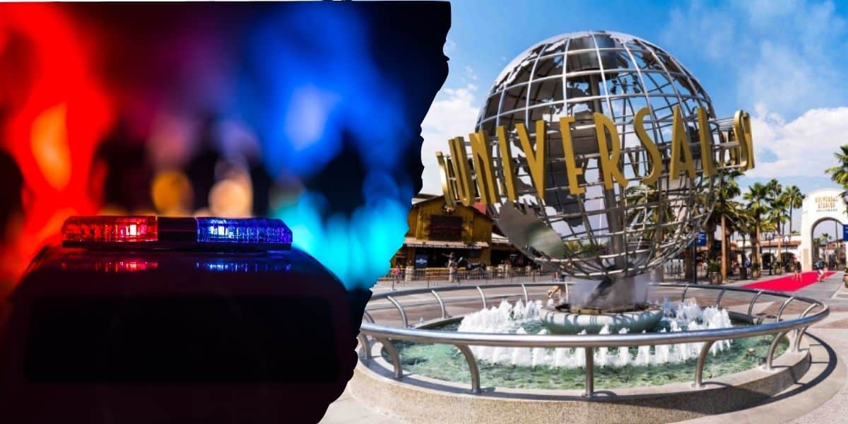 A collage image featuring the flashing lights of a police car on the left side and the iconic Universal globe of Universal Studios Hollywood on the right side, set against a backdrop of the amusement park entrance.