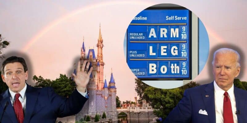 An image featuring three distinct panels: on the left, a man in a suit gesturing with his hand; in the center, a Disney-esque fairytale castle with a rainbow overhead; on the right, another man in a suit with a concerned expression; and a humorous gas price sign reading "ARM," "LEG," and "Both.