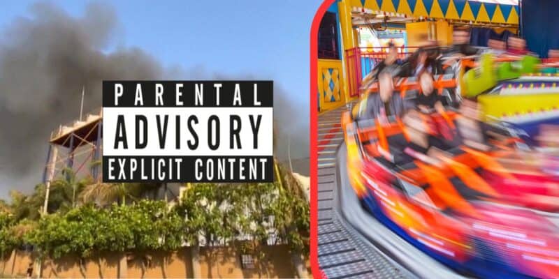 A composite image featuring a "Parental Advisory: Explicit Content" warning over a smoky background on the left, and a colorful, blurred image of a spinning amusement park ride on the right, showing a theme park accident.