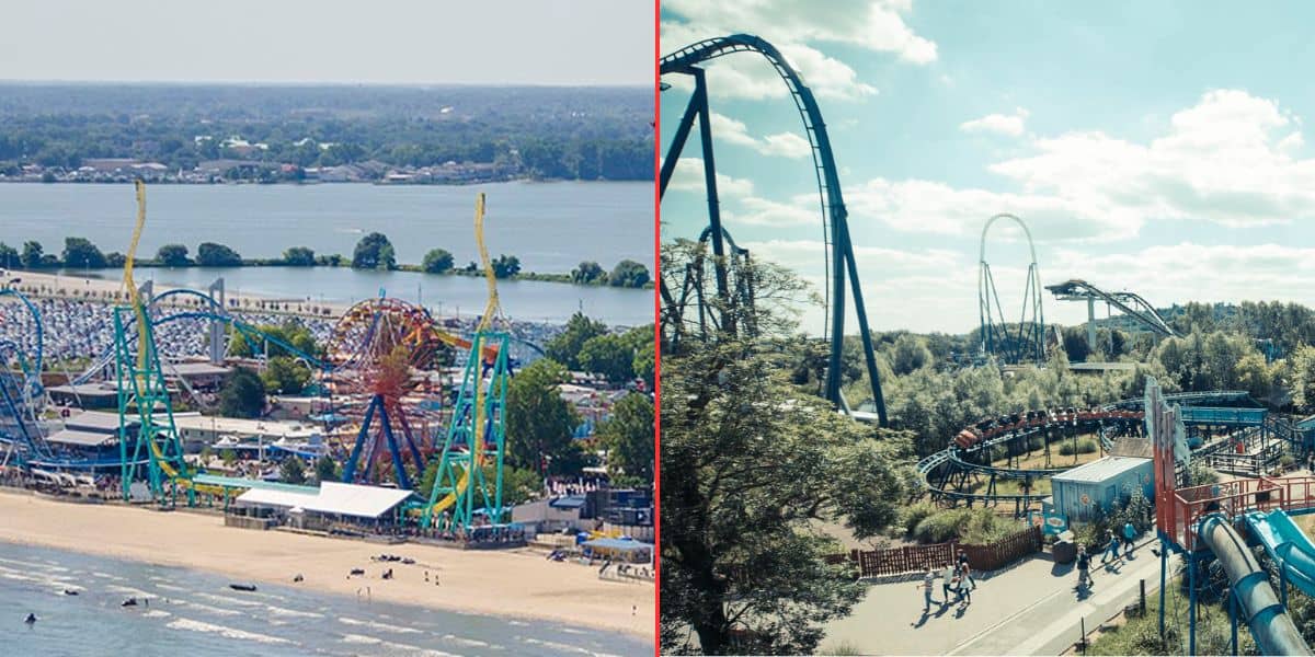 An image divided into two parts. The left side shows a beachside amusement park with rides and a sandy shore. The right side depicts another theme park, featuring roller coasters and greenery under a partly cloudy sky. Both parks have vibrant, colorful structures.