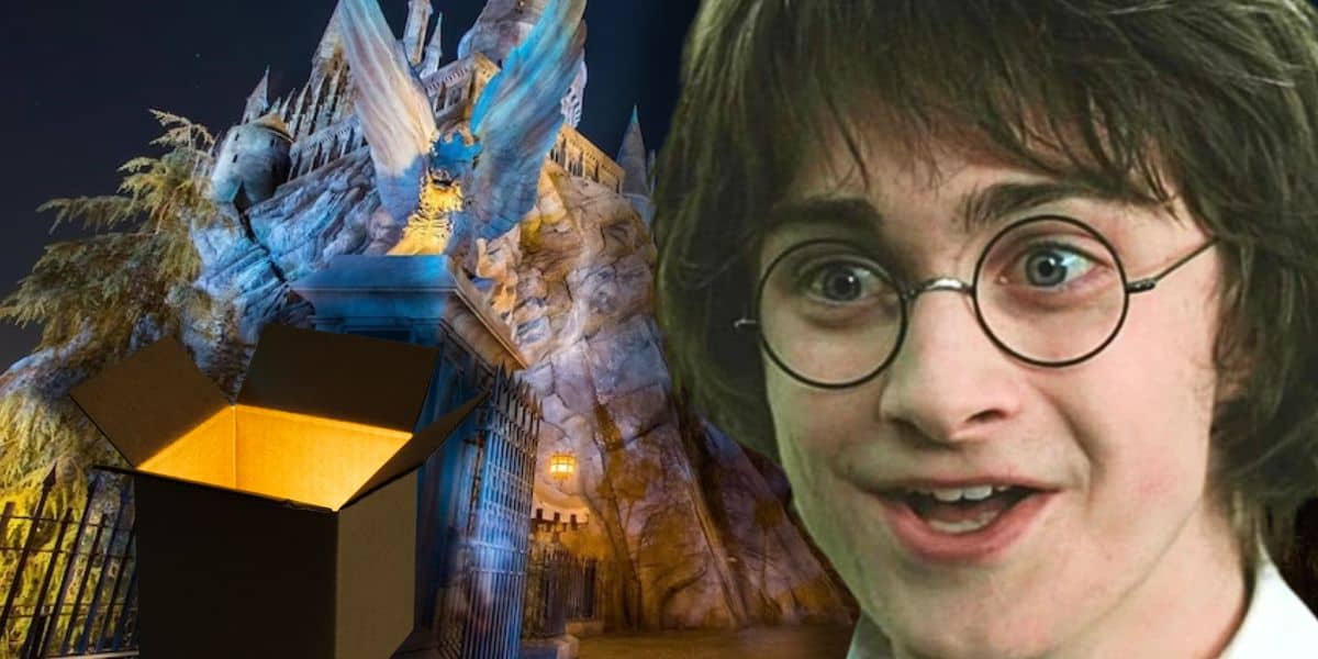 A delighted Harry Potter is superimposed next to a glowing open box. In the background, the dramatic, illuminated castle of the Wizarding World stands with intricate details. The dark sky adds to the enchantment of the scene.