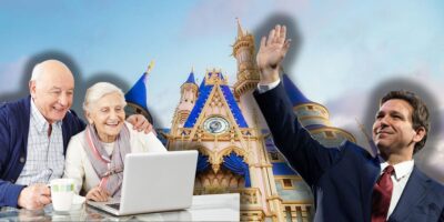 An elderly couple sits at a table, looking at a laptop with smiles. Behind them is a large castle reminiscent of a famous theme park castle. On the right side of the image, Governor DeSantis in a suit waves his hand, appearing to be smiling.