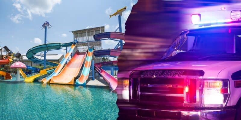 The image is split into two parts: the left side shows a colorful theme park water area with multiple water slides and a pool, while the right side depicts the front of an ambulance with flashing emergency lights.