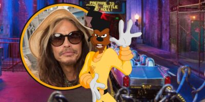 An illustration of Powerline dressed in a yellow outfit, positioned beside a circular inset showing a real man with long wavy hair and a hat, all against a cartoon-style city street backdrop rethemed in an unexpected way.