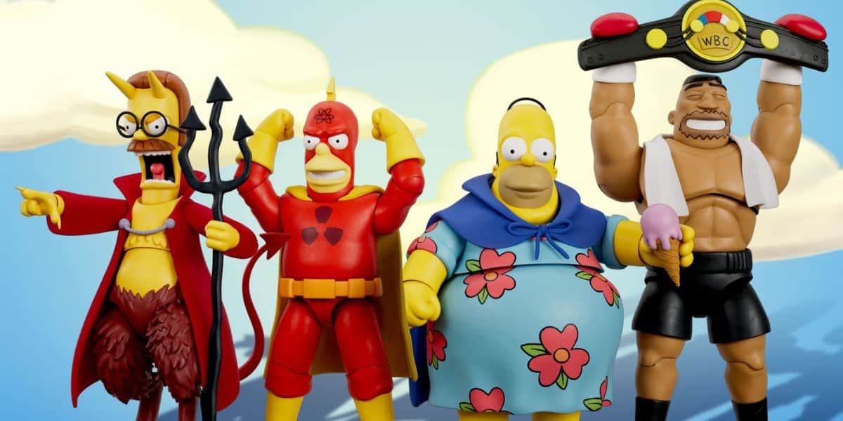 Four cartoon figures parodying iconic characters, including a rooster-like humanoid, a yellow character in a floral shirt reminiscent of The Simpsons, and a boxer with a championship belt, against a cloudy sky backdrop.