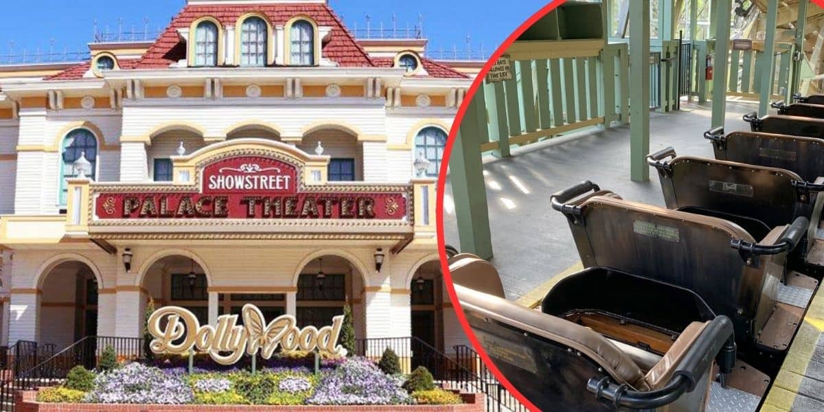 The image shows the Showstreet Palace Theater at Dollywood with its iconic sign and a flowerbed spelling "Dollywood" in front. To the right, there's a close-up of empty ride seats from a recent shutdown, with a section of the queue area visible.