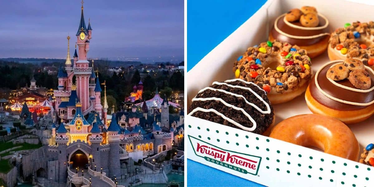 A split image showcases Disneyland on the left, bathed in dusk's glow with its iconic castle, while the right side features a vibrant box of Krispy Kreme donuts, boasting an array of chocolate-covered and candy-topped delights—a delightful nod to a magical partnership between Disney and Krispy Kreme.