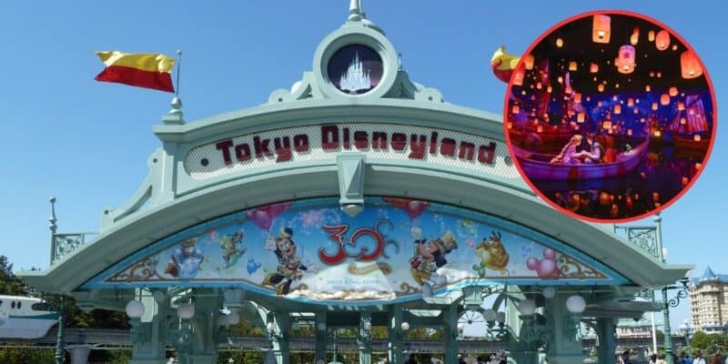 Entrance gate to Tokyo Disneyland with a decorative banner celebrating the 30th anniversary, featuring Disney characters like Mickey Mouse. A red circular inset shows a couple in a boat surrounded by glowing lanterns from a night scene at the park.