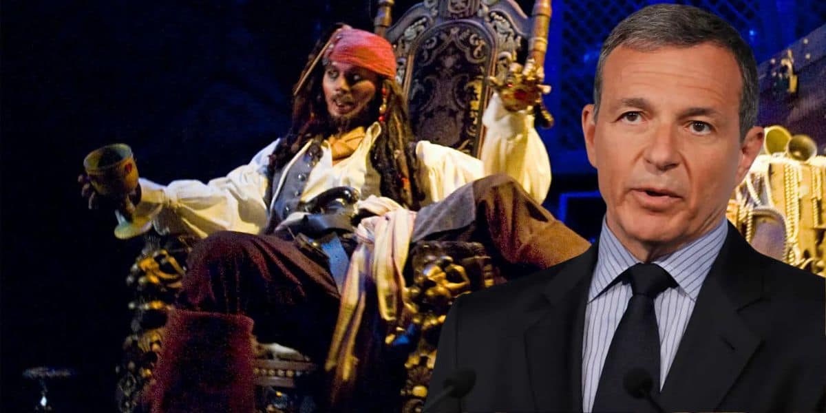 Bob Iger, while behind him is Pirate Jack Sparrow, lounging on an ornate throne with a goblet in hand. The background is dark with blue and purple lighting.