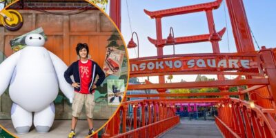 An image featuring two separate scenes: on the left, a person standing beside a large, white, inflatable character in a casual setting; on the right, a red bridge with "San Fransokyo Square" written across the top, leading to a colorful area in the background.