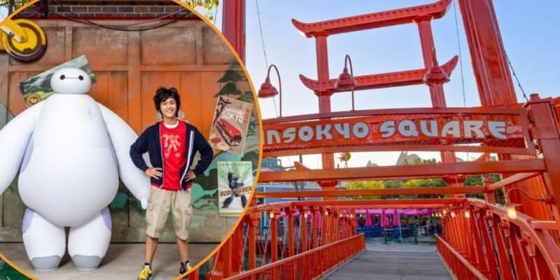 An image featuring two separate scenes: on the left, a person standing beside a large, white, inflatable character in a casual setting; on the right, a red bridge with "San Fransokyo Square" written across the top, leading to a colorful area in the background.