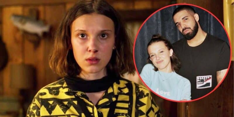 A split image featuring Millie Bobby Brown in character from Stranger Things on the left, and on the right, a photo of her standing next to Drake, both smiling at the camera. A red circle
