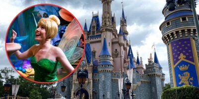 Cinderella castle at Disney Parks under overcast skies, with an inset of Tinker Bell, a Disney fairy character, smiling and waving in her green dress.