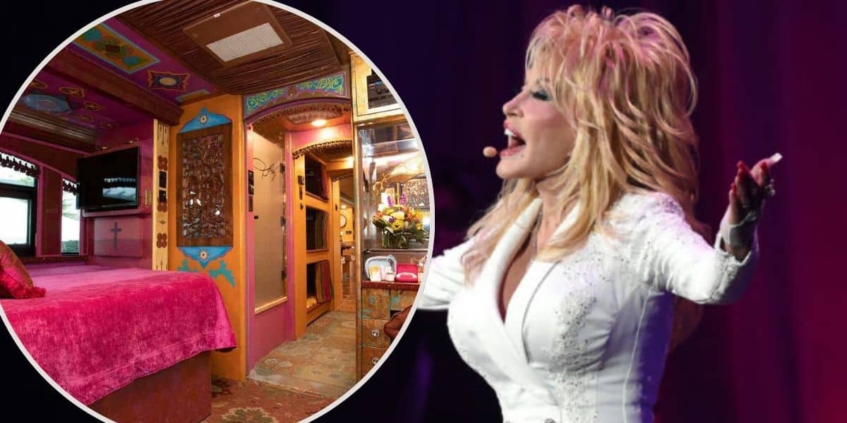 Split image: The left half shows a colorful, ornately decorated interior room with pink, purple, and gold accents, including a bed and intricate woodwork. The right half features a woman with blonde hair in a white outfit, passionately singing on stage.