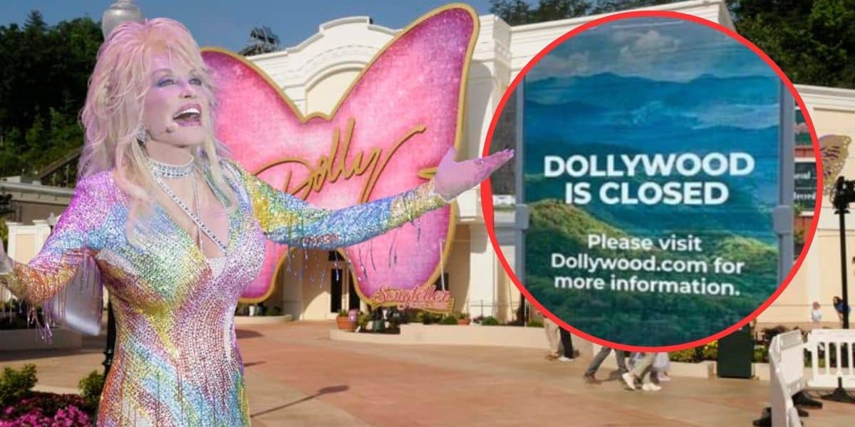A person in a colorful outfit stands smiling with arms outstretched in front of a building adorned with a large pink butterfly and script reading 'Dolly Parton.' A sign in a red circle reads 'Dollywood Theme Park is closed due to the shutdown. Please visit Dollywood.com for more information.'