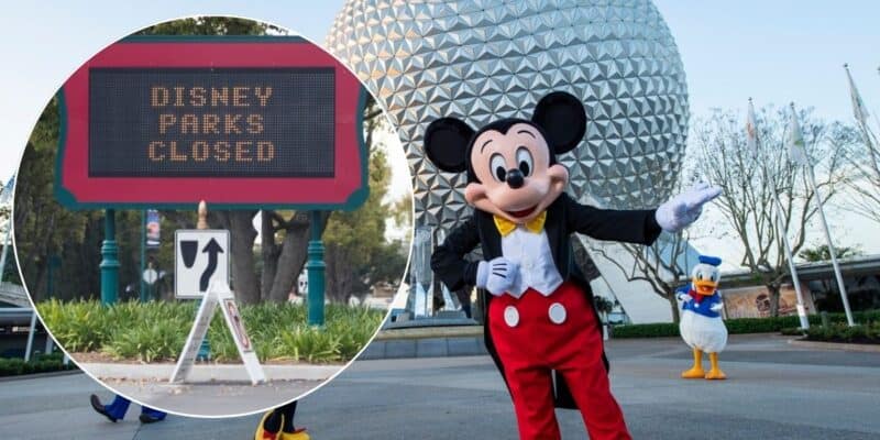 A friendly Mickey Mouse and Donald Duck character wave outside at Disney Park. An electronic road sign in the forefront announces “Disney Parks Closed.” In the background, Spaceship Earth at EPCOT is visible. The sky is clear and trees surround the area.