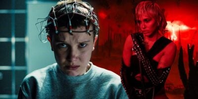 A person with a shaved head wearing a gray sweater and headgear with wires is shown in a close-up on the left side. On the right side, a person with short blonde hair and in a futuristic outfit stands against a vivid red background with abstract shapes.