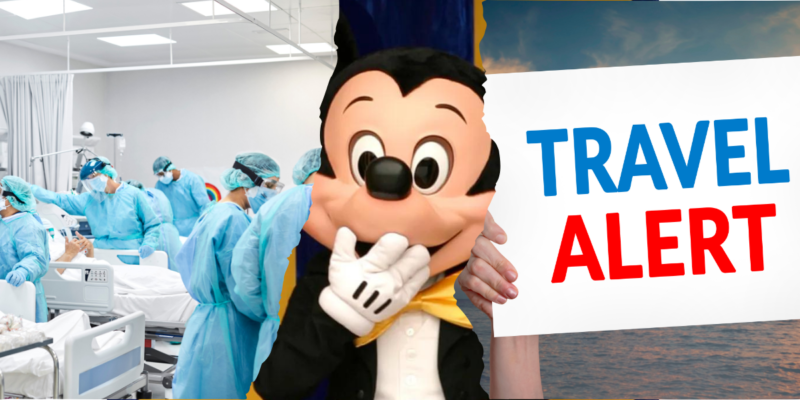 An image divided in half, showing a hospital scene on the left with medical staff attending to a patient, and on the right, Mickey Mouse at Disney World standing next to a sign that reads "TRAVEL ALERT" in bold red and blue letters.