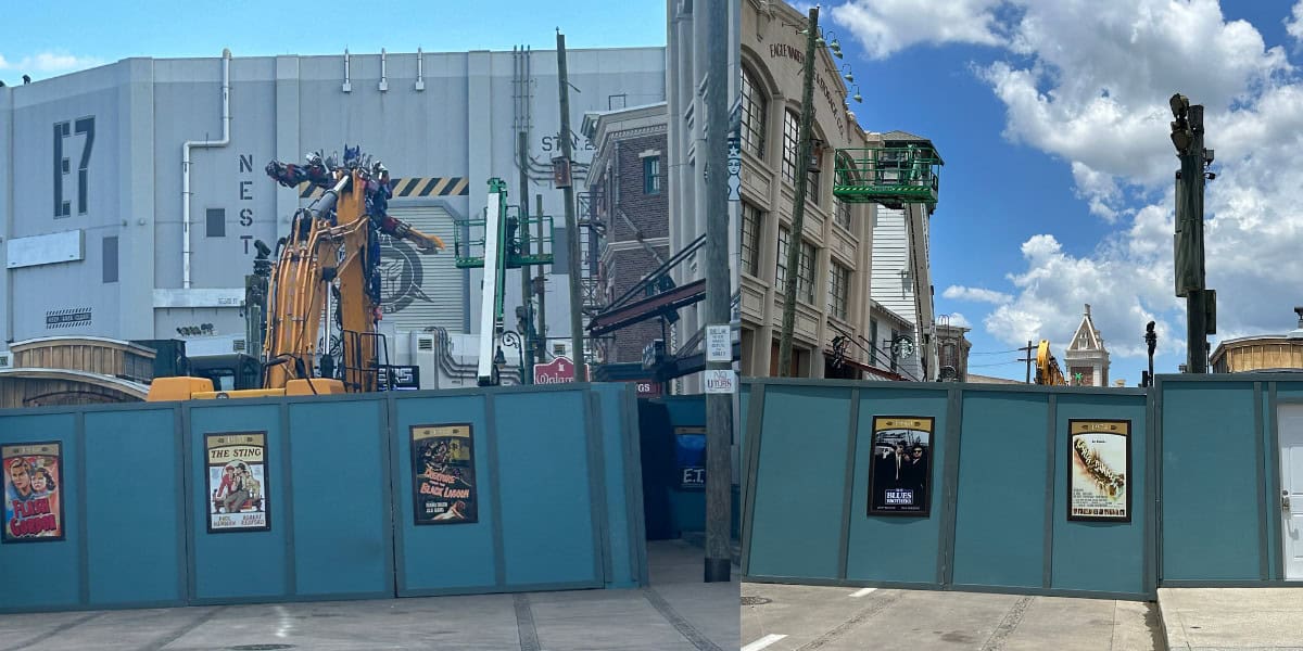 A split image showing a construction site on a street at Universal Studios Florida