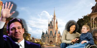 A collage showing a Ron DeSantis waving, the Cinderella castle under a blue sky in Disney World, and a smiling woman with a young boy in a wheelchair, enjoying a sunny day at Magic Kingdom.