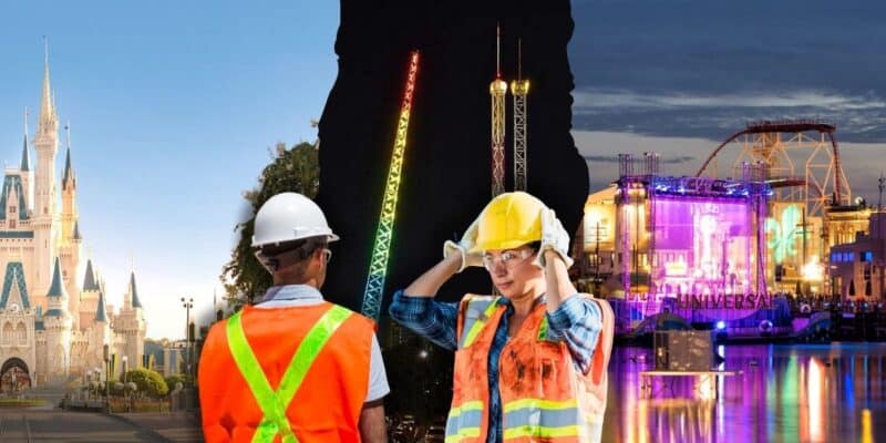 A few construction workers facing each other with the Disney World, Universal, and Magical Midway theme parks in Orlando, Florida.