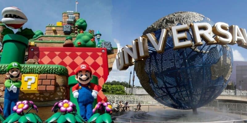 A split image featuring a SUPER NINTENDO WORLD themed parade float with characters including Mario on the left, and the Universal Studios globe surrounded by a water fountain on the right at Epic Universe.