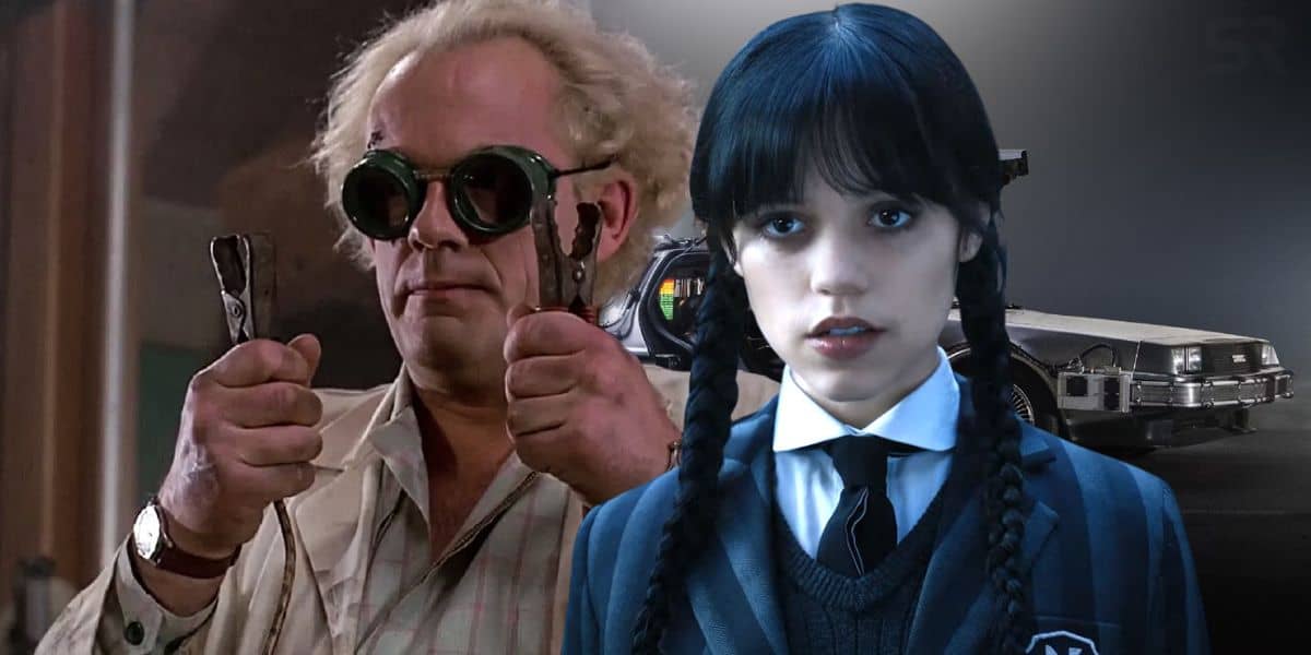 Split image of two characters from "the rocky horror picture show" and "the addams family." on the left, a man with wild hair and sunglasses, on the right, a girl with long black hair and a dark dress.