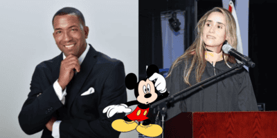 A man wearing a black suit stands with his left hand on his chin, smiling. Next to him, a woman wearing a black graduation gown and cap stands at a podium, smiling. In the middle, an animated image of Mickey Mouse, symbolizing the magic of Disney World in Central Florida's House District 45, waves cheerfully.