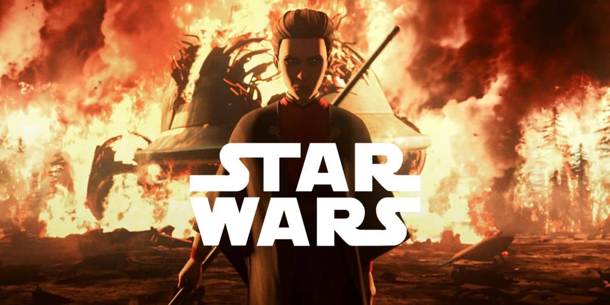Animated depiction of a "Star Wars" character with an elaborate hairstyle, standing in front of a blazing fire with a weapon in hand, emblematic of franchise forward storytelling and LGBTQ+ representation.