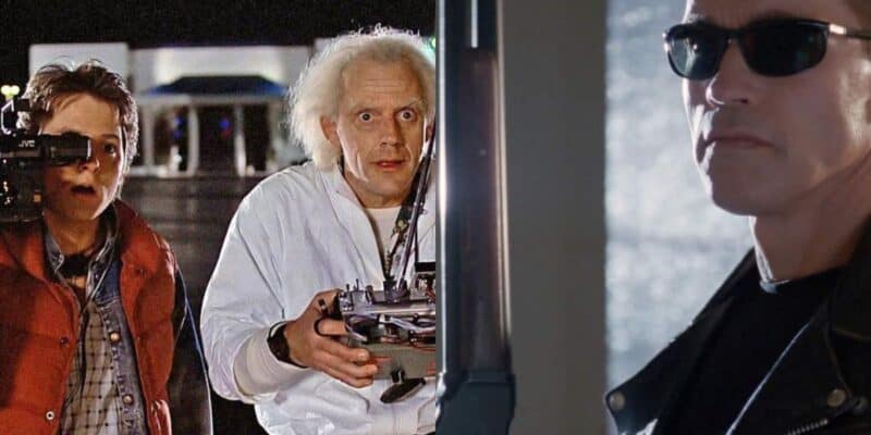 On the left, two characters in a science fiction setting, one with a red vest holding a camera and the other with wild white hair holding a control device. On the right, a character in dark sunglasses and a black leather jacket reminiscent of the Terminator franchise in a futuristic setting.